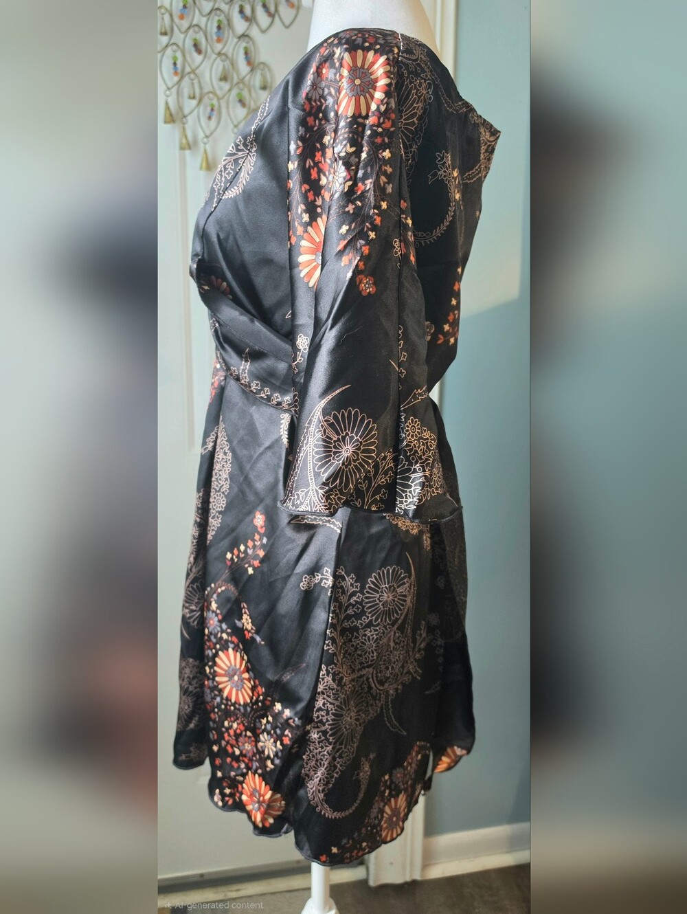 Y2K Vintage GLAM South Beach Satin Kimono Tunic Womens XL Black Dark Boho Floral - Picture 3 of 12